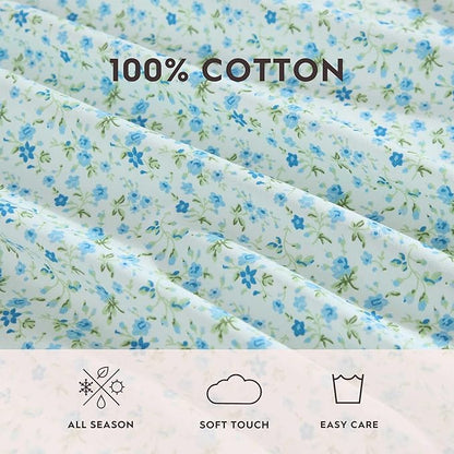 Laura Ashley - Queen Sheet Set, Crisp & Cool Cotton Percale Bedding with Deep Pockets, Lightweight for Year Round Comfort, Bed Sheets with Matching Pillowcases (Evie Blue)