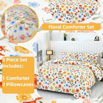 SDIII Reindeer and Floral Comforter Set Queen 3 Pieces, Soft Microfiber Vintage Floral Comforter Queen Size, Yellow Flower Bedding All Season