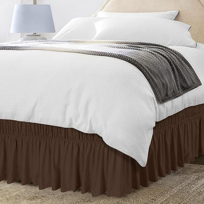 Wrap Around Ruffle Queen Size Bed Skirt – Adjustable Buckle & Elastic Belt for Easy Installation, 16 Inch Drop – Brushed Microfiber - Machine Washable, Fade and Wrinkle Resistant, Brown