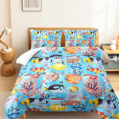 3 Piece Ocean Bedding Set,Blue Full Comforter Set for Boys Teens Girls,Tropical Fish Marine Life Quilt With 2 Pillowcase,Lightweight All Seasons Duvet Insert, Down Alternative Bed Comforter Set