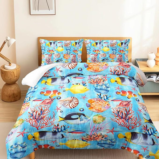 3 Piece Ocean Bedding Set,Blue Full Comforter Set for Boys Teens Girls,Tropical Fish Marine Life Quilt With 2 Pillowcase,Lightweight All Seasons Duvet Insert, Down Alternative Bed Comforter Set