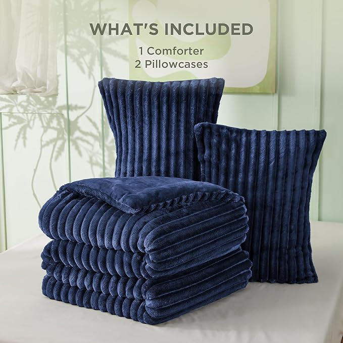 Bedsure Comforter Set Queen Size - GentleSoft™ 3 Pieces Double-Side Fleece Fluffy Navy Blue Comforter Set, Cozy Striped Room Decor Aesthetic, Luxury Bedding Queen Size, 2 Pillowcases, 90x90 Inches
