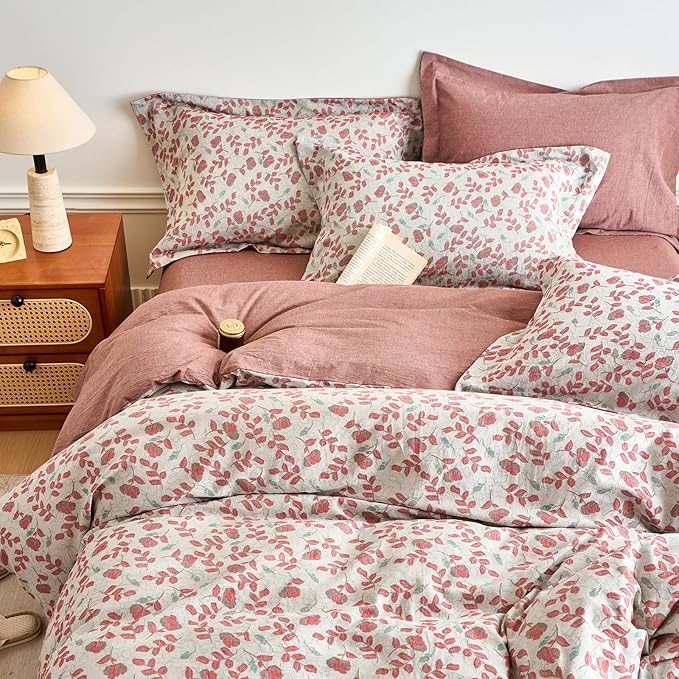 mixinni 100% Washed Cotton Duvet Cover Set, Reversible Vintage Floral Jacquard Textured Comforter Cover, Boho Farmhouse Bedding Set with Zipper Closure for All Season, Queen Size