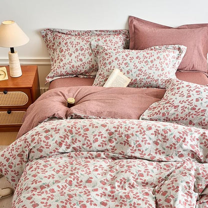 mixinni 100% Washed Cotton Duvet Cover Set, Reversible Vintage Floral Jacquard Textured Comforter Cover, Boho Farmhouse Bedding Set with Zipper Closure for All Season, Queen Size