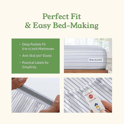 California Design Den California King Sheet Stripe, 100% Organic Cotton Percale Sheets, Deep Pocket Cal King Size Sheets & Pillowcase Set - Blue Stripe