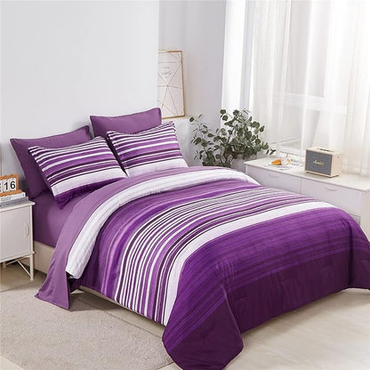 KAKIJUMN 7 Piece Bed in a Bag Stripe Comforter Set King Size, White and Purple Patchwork Striped Comforter and Sheet Set, All Season Soft Microfiber Complete Bedding Sets(Purple,King)