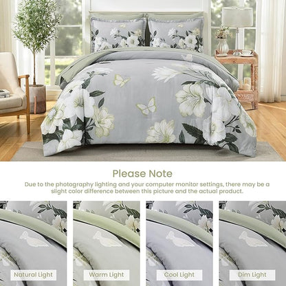 Floral Comforter Set Queen Size,7 Piece Sage Green Bed in a Bag, Elegant Flower Pattern Comforter Set with Sheet, Soft Microfiber Complete Bedding Sets for All Season