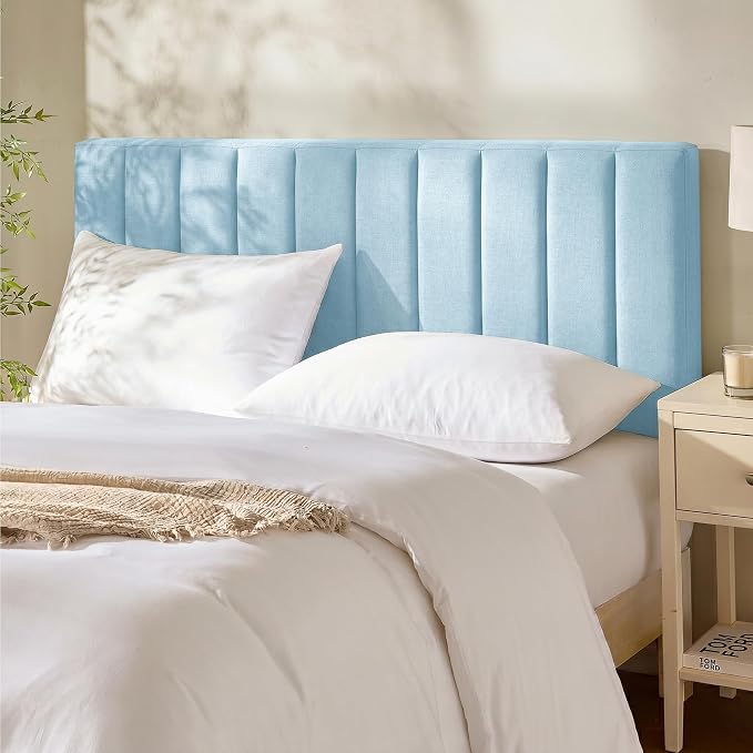 Hearth & Harbor Wall Mounted Full Headboard Only, Bed Headboard Full Size | Easy Assemble, Floating Peel and Stick, Upholstered, Channel Stitched, 3D Wall Panels, 5 Strips of 3M Tape Included, Ice Blue