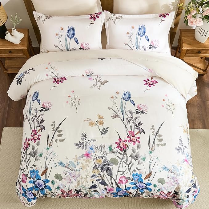WONGS BEDDING Floral Comforter Set Queen, 7 Piece Beige Bed in a Bag Bedding Set with Botanical Flowers Patterns, Soft Lightweight Complete Comforters with Sheets for All Season