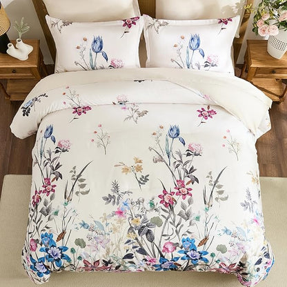 WONGS BEDDING Floral Comforter Set Queen, 7 Piece Beige Bed in a Bag Bedding Set with Botanical Flowers Patterns, Soft Lightweight Complete Comforters with Sheets for All Season