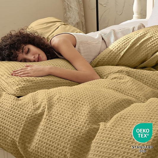 PHF Waffle Weave Duvet Cover Set Queen Size, No Snagging Ultra Soft Luxury Textured Breathable Comforter Cover for All Season 3pcs, Durable Bedding Duvet Set with 2 Pillow Shams, 90"x90", Antelope