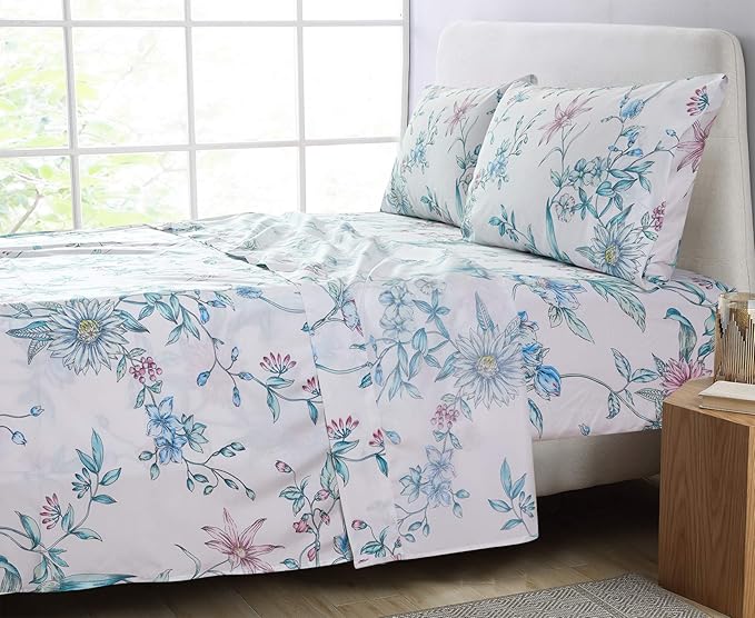 JSD White Blue Floral Printed Sheet Set Full Size, 4 Piece Botanical Microfiber Sheets Extra Deep Pocket