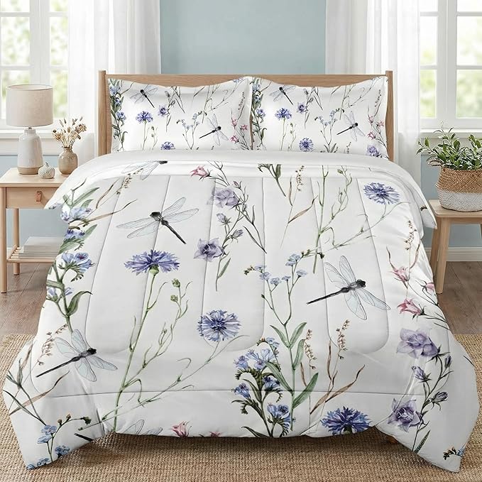 Full Size Comforter Set with 2 Pillowcases, Summer Flower Painting Dragonfly Floral Soft 3 Pcs Bedding for Kids and Adults Bedroom Bed Decor
