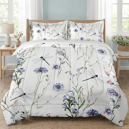 Full Size Comforter Set with 2 Pillowcases, Summer Flower Painting Dragonfly Floral Soft 3 Pcs Bedding for Kids and Adults Bedroom Bed Decor