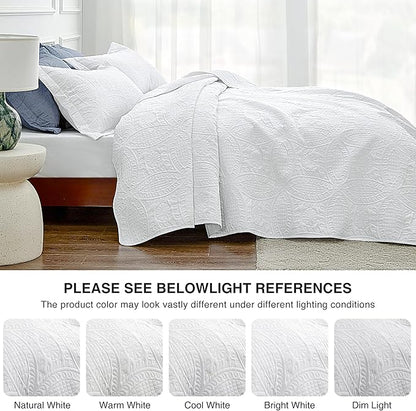 Love's cabin California King Size Quilt Bedding Set White Bedspreads - Cal King Summer Lightweight Bedspread Comforter - Coin Pattern Coverlet for All Season - 3 Pieces (1 Quilt, 2 Pillow Shams)