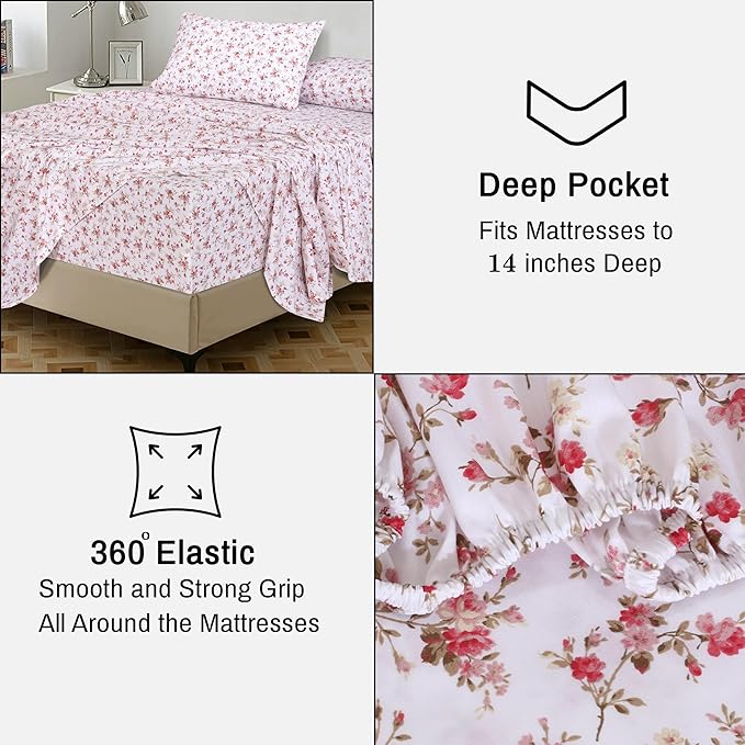 RUVANTI 100% Cotton Sheets – California King Percale Bedding, Cooling & Breathable Floral Design, Durable with a Crisp, Soft & Comfortable Feel, 14" Deep Pocket, 4-Piece Set, Bouquet
