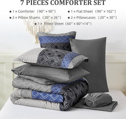 Dinjoy Boho Queen Comforter Set Blue Gray,7 Piece Bed in a Bag Queen Size Warm Striped Fall Bedding Sets with Plaid Comforters with Sheets for Family All Season