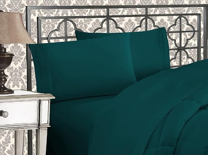 Elegant Comfort Luxurious 1500 Premium Hotel Quality Microfiber Three Line Embroidered Softest 4-Piece Bed Sheet Set, Wrinkle and Fade Resistant, California King, Marine Teal