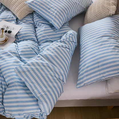 Merryword Blue and White Striped Duvet Cover Set Queen Size, 100% Cotton Linen Like Textured Bedding with Classic Vertical Stripes, Soft Lightweight Reversible Comforter Cover for All Seasons