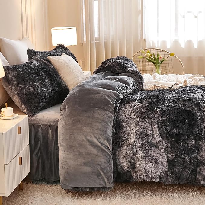 Andency Faux Fur Tie-Dyed Dark Grey Comforter King Size, 3 Pieces Fluffy Fuzzy Plush Bedding Comforter Set (1 Shaggy Velvet Comforter & 2 Pillowcases), Soft Puffy Comfy Down Comforter Bedding Set