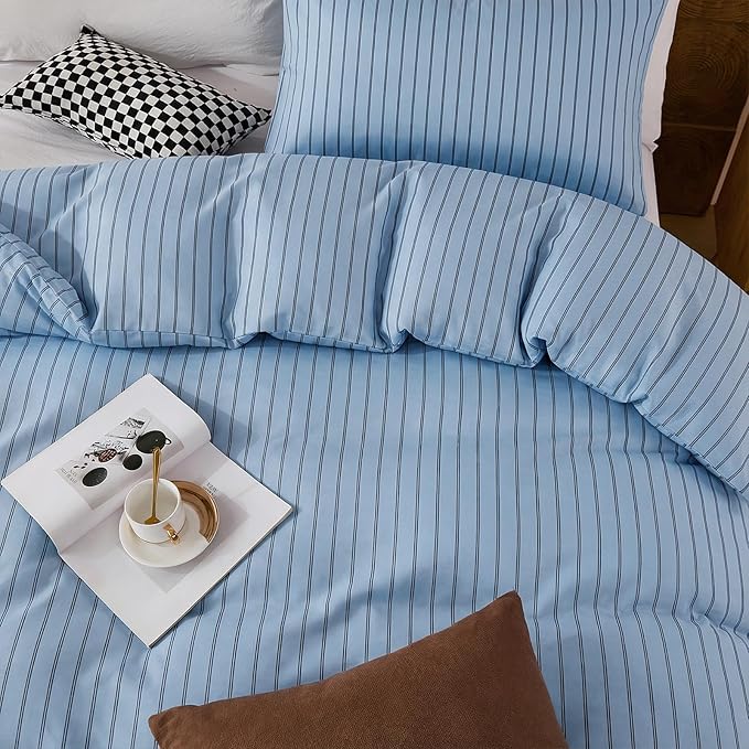 Bedbay Blue Striped Duvet Cover Set Queen Size, 100% Cotton Sateen Bedding Set, Soft Breathable Hotel-Inspired 3 Piece Duvet Cover for All Seasons