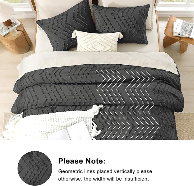 Litanika Comforter Super King Size Set Dark Grey, 3 Pieces Chevron Tufted Solid Bedding Comforter Sets, Fluffy Bed Set