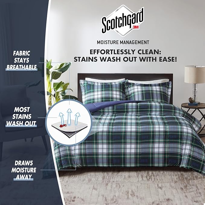 Madison Park Essentials Parkston Plaid Comforter, Matching Sham, 3M Scotchguard Stain Release Cover, Hypoallergenic All Season Bedding-Set, King/California King, Navy, 3 Piece