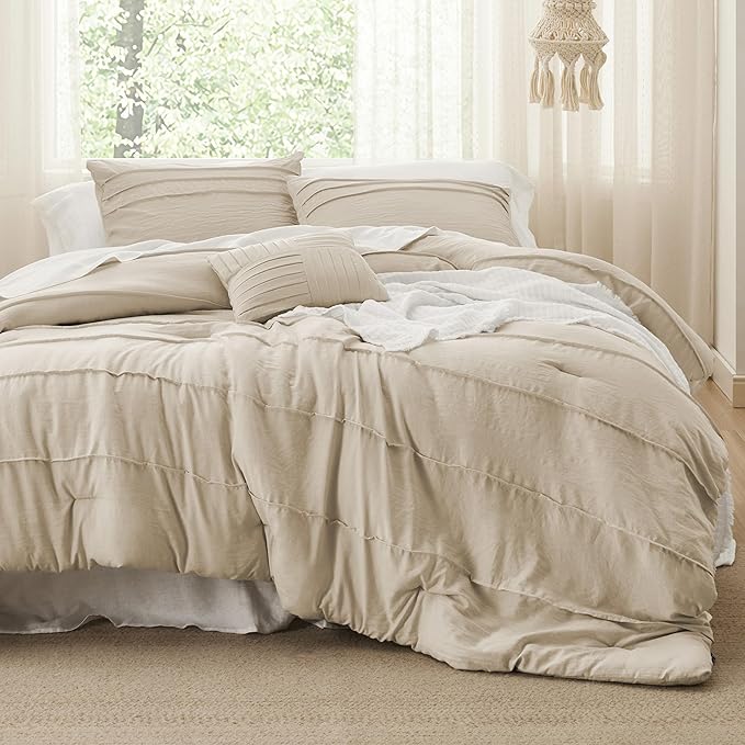 Bedsure California King Comforter Set - 4 Pieces Pinch Pleat Bed in A Bag, Linen Boho Bedding Sets for Summer, 1 Soft Comforter, 2 Pillowcases, 1 Decorative Pillow
