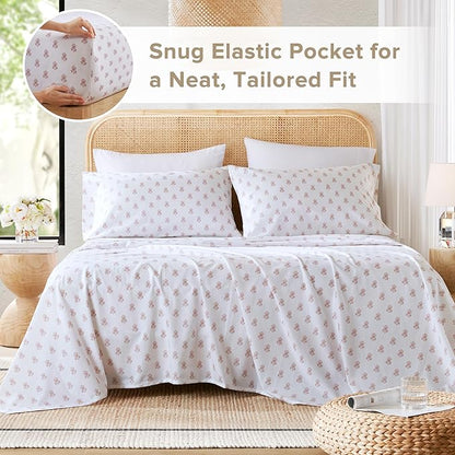 Comfort Spaces 100% Cotton Sheets King, Breathable, Naturally Cool Cotton Sheets, Soft Cotton Bed Sheets with 14" Elastic Pocket Fits up to 16" Mattress, All Seasons Sheet Set, Floral Pink 4 Piece
