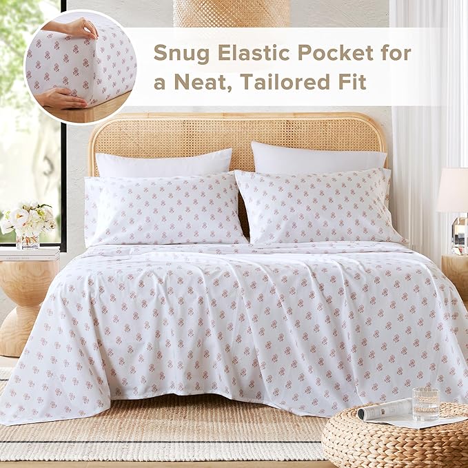Comfort Spaces 100% Cotton Sheets Full, Breathable, Naturally Cool Cotton Sheets, Soft Cotton Bed Sheets with 14" Elastic Pocket Fits up to 16" Mattress, All Seasons Sheet Set, Floral Pink 4 Piece