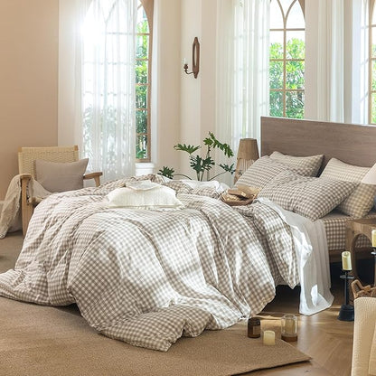 MooMee Gingham Duvet Cover Set 100% Washed Cotton Linen Like Textured Breathable Durable Soft Comfy Modern Checkered Design (Tannish Linen Grey Gingham, King 104"x90")