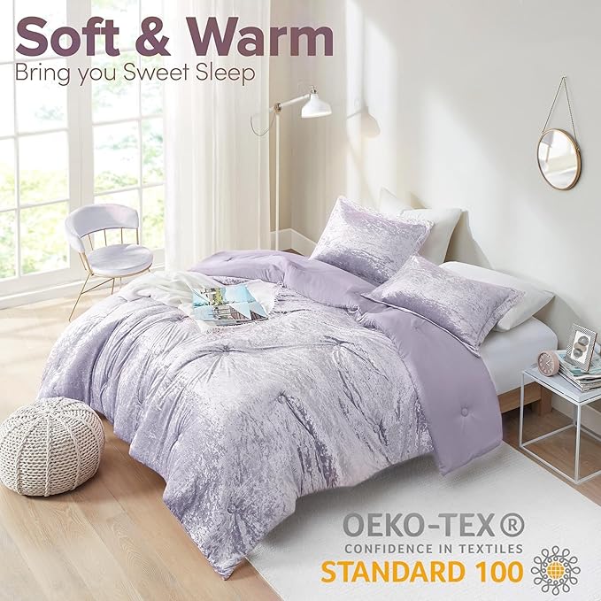 Comfort Spaces Juliette Luxe Comforter Set Velvet Lush with Soft Brushed Microfiber Reverse, All Season Cozy Velvet Bedding Sets, Fluffy Comforter Bed Set, Matching Sham, Purple Twin/Twin XL 2 Piece