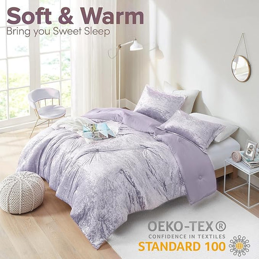 Comfort Spaces Juliette Luxe Comforter Set Velvet Lush with Soft Brushed Microfiber Reverse, All Season Cozy Velvet Bedding Sets, Fluffy Comforter Bed Set, Matching Sham, Purple Twin/Twin XL 2 Piece