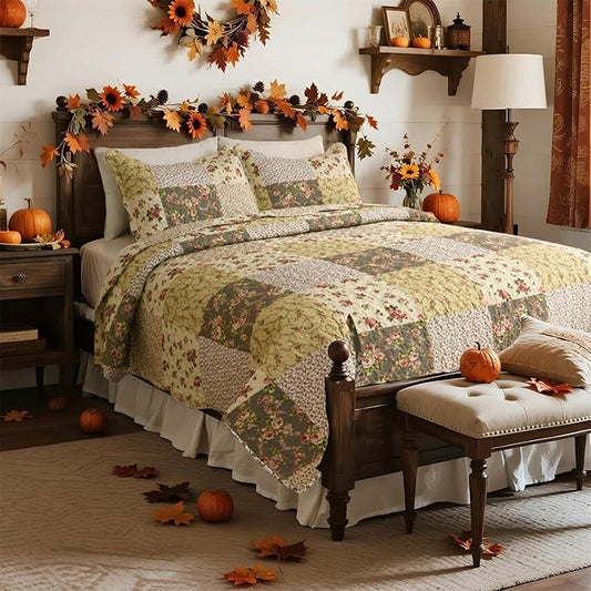 Summer Floral King Quilted Bedspread,Romantic Beige Quilt Set,Reversible Stitched Bedding Cover All Season,Soft Lightweight Coverlet with Pillow Cases (Ivory&Pink, King(102"x90"))