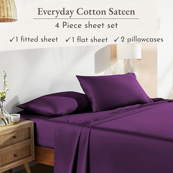 California Design Den Natural 100% Cotton Sheets Full Size Bed Set - Soft Sateen Weave, Fully Elasticized Deep Pocket Sheet Set, Breathable and Durable Bedding - Purple Passion