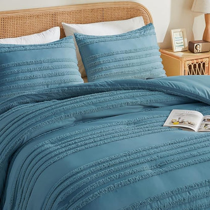 BEDELITE Boho Comforter Set Queen Size, Dusty Blue Tufted Striped Bed Set 3 Pieces, Soft Vintage Farmhouse Comforter for All Seasons, Boho Home Decor,Fluffy Jacquard Bedding with 2 Pillow Shams