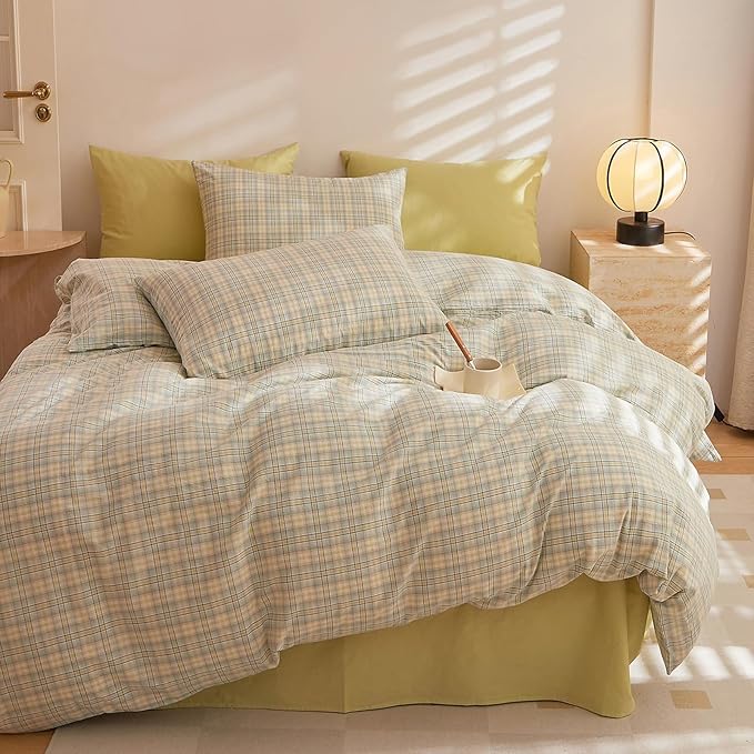 HighBuy Queen Comforter Set 3 Pieces Green Grid Plaid Comforter Set Checkered Comforter with 2 Pillowcases Modern Lightweight Boho Bedding Comforter Geometric Gingham Fluffy Comforter Set