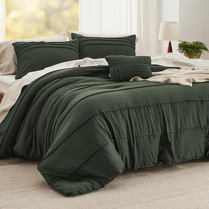 Bedsure Twin Comforter Set - 3 Pieces Pinch Pleat Bed Set, Olive Green Boho Bedding for All Season, 1 Soft Comforter, 1 Pillowcase, 1 Decorative Pillow