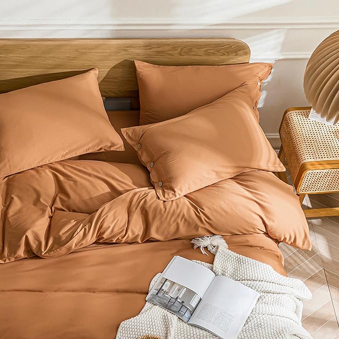 JELLYMONI Cotton Duvet Cover Twin Size - Burnt Orange Comforter Cover with Button 100% Washed Cotton 2PCS Breathable Soft Solid Bedding Set Duvet Cover 68×90in & 1 Pillowcase (NO Comforter)