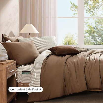 Monbix Queen Comforter Set - 7 Pieces Brown Prewashed Bed in a Bag Queen Bedding Sets with Comforters, All Seasons Ultra Soft Comforter Bed Set with Sheets,Pillowcases & Shams