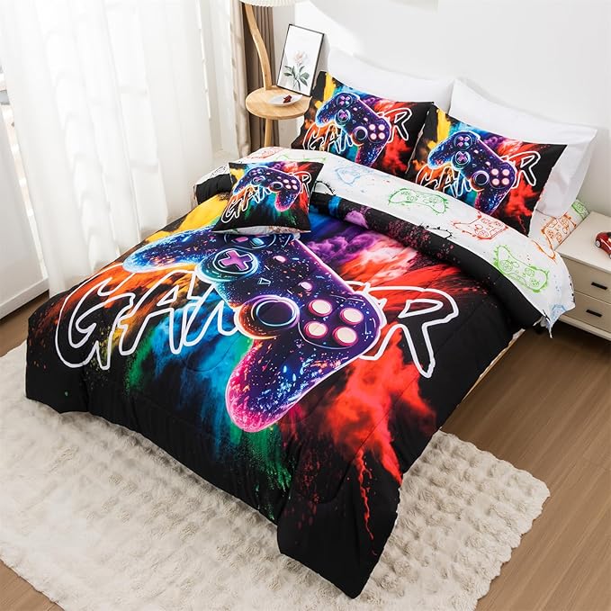 Aimuan Gamer Gaming Bedding Sets 3D Gamepad Comforter Sets for Boys Games Console Action Buttons Novelty Colorful Game Controller Modern Room Decor Home Quilt Set (Black-Purple, Full 6PCS)