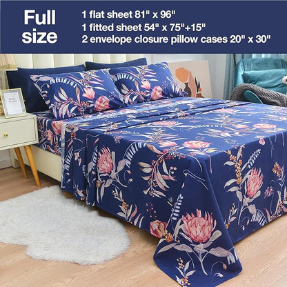 JSD Navy Floral Sheet Set Full Size, 4 Piece Printed Microfiber Sheets Extra Deep Pocket Wrinkle Free