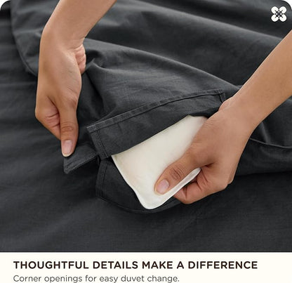 Bedsure Cotton Duvet Cover King - Luxury Slub Weave 100% Cotton Duvet Cover Set, PureWoven Bedding Set with a Linen Like Textured, Easy Change, Charcoal, 104" x 90"