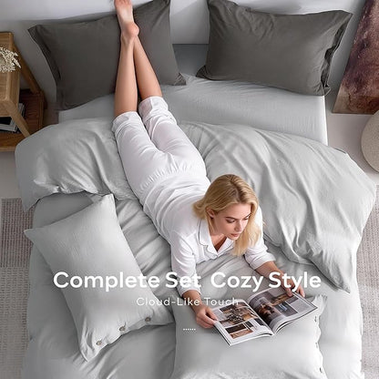 JELLYMONI 100% Washed Cotton Duvet Cover King – Soft, Breathable Linen-Look Bedding with Natural Wrinkle Texture, Button Closure, 3-Piece Set (Pale Grey, 104"x90")