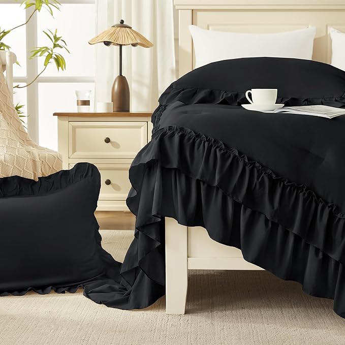 Andency Black Twin Size Comforter Set(66x90Inch), 2 Pieces Fluffy Farmhouse Shabby Chic Ruffle Bedding Comforter Sets, All Season Soft Lightweight Polyester Bedding Set for Kids