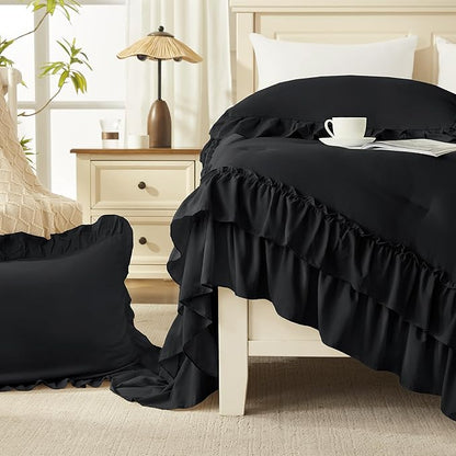 Andency Black Twin Size Comforter Set(66x90Inch), 2 Pieces Fluffy Farmhouse Shabby Chic Ruffle Bedding Comforter Sets, All Season Soft Lightweight Polyester Bedding Set for Kids