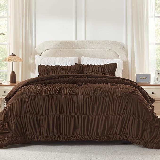 Andency Ruched Brown Full Size Comforter Sets, Shabby Chic Pleatd Bedding Sets 3 Pieces, Lightweight Soft Boho Ruffle Bed Set for Girls, Kids, Women, All Season