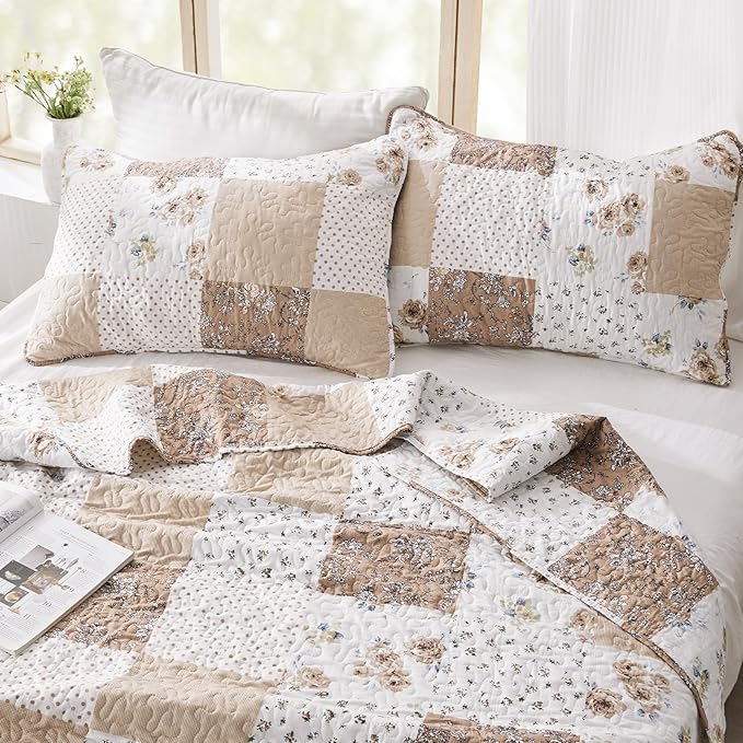 VIVILINEN Full Queen Size Brown Floral Plaid Patchwork Quilt Set Reversible Quilted Bedspread Coverlet Set 3-Piece Comforter Bedding Set Bed Cover with 2 Pillow Shams