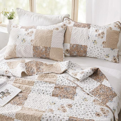 VIVILINEN Full Queen Size Brown Floral Plaid Patchwork Quilt Set Reversible Quilted Bedspread Coverlet Set 3-Piece Comforter Bedding Set Bed Cover with 2 Pillow Shams