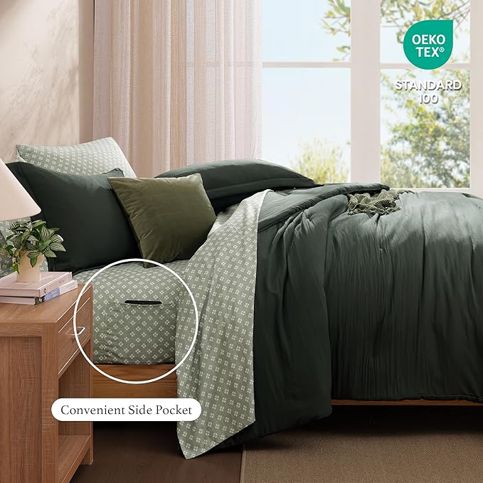 Monbix Full Size Comforter Set - 7 Pieces Deep Forest Prewashed Bed in a Bag Full Bedding Sets with Comforters, All Seasons Comforter Bed Set with Sheets, Pillowcases & Shams